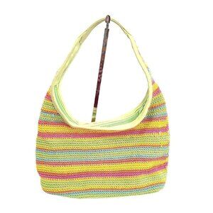 Vintage 90s Accessory Street Neon Green Rainbow Stripe Woven Mini Underarm Bag
